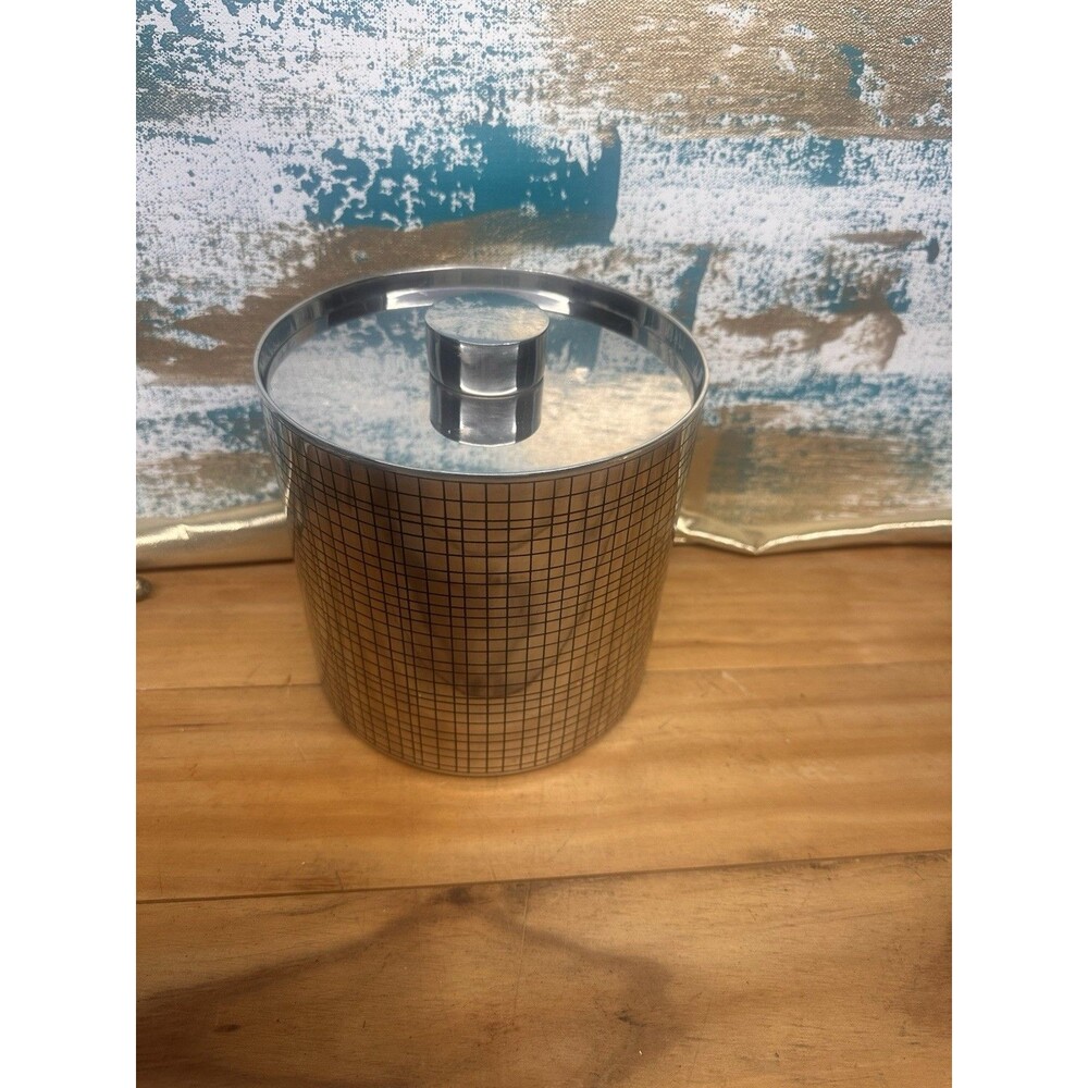 Vintage MCM Stainless Steel Geometric - Grid Pattern Art Deco Ice Bucket